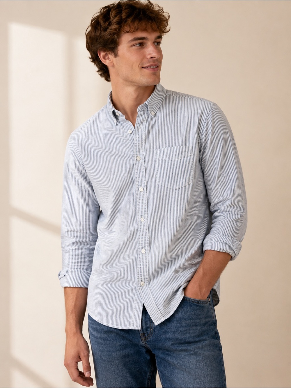American Eagle Seriously Soft Striped Oxford Shirt Men’s M Blue White